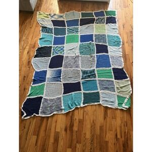 Vtg Roseanne Granny Square Blue Colorful Afghan Crochet Throw Blanket 60" x 74"